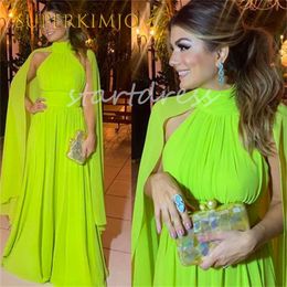 Elegant Lime Green Evening Dress With Big Swing High Neck Dubai Abaya Prom Dress 2024 With Cape Floor Length Chiffon Birthday Party Formal Dress Robe De Soiree Vestios