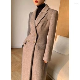 Women's Wool MEXZT Vintage Long Coat Women Elegant Blazer Woolen Jackets Korean Slim Suit Overcoat Winter Office Lady Simple Outwear