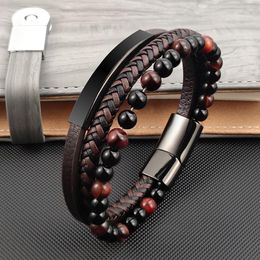 Charm Bracelets Luxury Red Tiger Eye Stone Braid Genuine Leather Bracelet Titanium Stainless Steel Men Woven Designer Charms Bangle