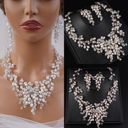 Pendant Necklaces Boho luxurious Wedding Bride Handmade Crystals Pearls Necklace Earrings Jewellery Set Dangle Adjustable for Women 231130