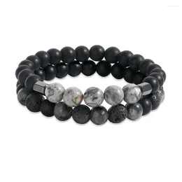 Charm Bracelets Vintage Men Bracelet Set Natural Stone Map Beads Black Lava Couple Sets For Women Yoga Jewellery Wristband