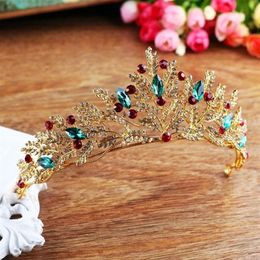 Vintage Gold Rhinestone Green Red Crystal Bridal Tiara Crown Handmade Noiva Diadem Headpiece Wedding Hair Jewelry Accessories JL T1863