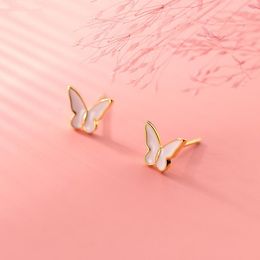 Stud Earrings White Enamel Glue Butterfly Female 925 Sterling Silver Small For Kids Girl Women 8mmX7mm Delicate Jewelr