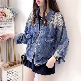 Women's Jackets Washed Korean Sequins Tassel Womens Denim Fashion Loose Fit Long Sleeve Single Breasted Pockets Female Outerwear Coats