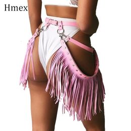 Sexy Set Pink Leather Harness Belt Chain Bra Bondage Garters Women Gothic Adjustable Long Tassels Waist Belt Suspenders 231130