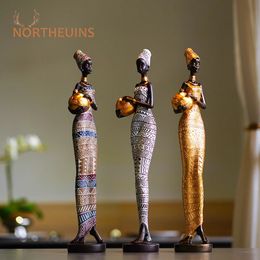 Decorative Objects Figurines NORTHEUINS Resin Retro African Black Womens Statue Art Figure Ornaments Home Living Room Bedroom Desktop Decor Items 231130