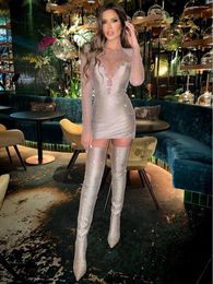 Casual Dresses 2023 Summer Women's High Quality Mesh Crystal Diamond O Neck Luxury Long Sleeve Bodycon Mini Evening Elegant Club Party Dress