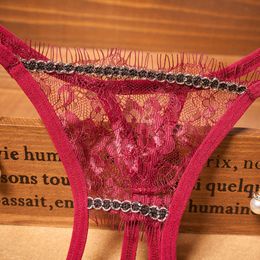 Sexy Costume Eyelash Lace Pearl Panties Open Crotch Sexy Lingerie Mesh Fabric Transparent Briefs Erotic Underwear Women Pendant Pink Thong