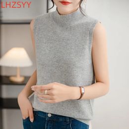 Women's Vests LHZSYY 100Pure Wool Vest Women Loose Half High Neck Sweater Sleeveless Knit Jumper Spring Autumn Cashmere Waistcoat Blouse 231129