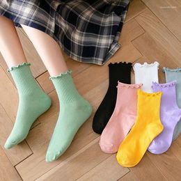 Women Socks Spring Summer Ruffle Frilly Japanese Style Maiden Lolita Cute Cotton Princess Crew Fashion Solid Color