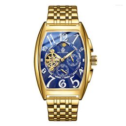 Wristwatches ORKINA Golden Classic Automatic Mechanical Watches Waterproof Men Outdoor Skeleton Rectangle Moon Phase Wristwatch Reloj