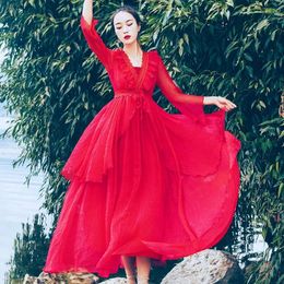 Casual Dresses YOSIMI Long Women Dress For 2023 Summer Maxi Red Chiffon Vintage V-neck Female Vestido Tunic Evening Party Green
