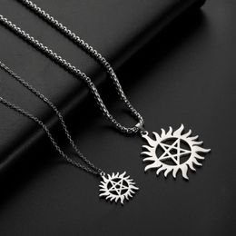 Skyrim Stainless Steel Shining Sun Pentagram Pendant Necklace Supernatural Dean Statement Box Chain Necklaces Jewelry Women Men Y0234Y