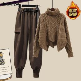 Women's Two Piece Pants Women's Winter Warm Tracksuit Matching Set Korean Elegant High Neck Knitted Sweater Casual Work Pants Two Piece Female Suit 231129