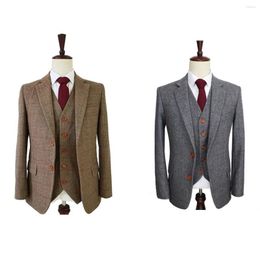 Men's Suits Wool Retro Grey And Brown Herringbone Tweed British Style 3 Pieces Custom Made Mens Suit Slim Fit Blazer Wedding