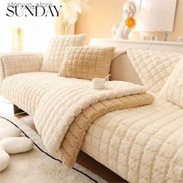 Chair Covers Nordic Faux Rabbit Fur Plaid Sofa Cover Non-Slip Thickened Plush Slipcover Living Room Biscuit Shape Cushion Armrest Back Towel Q231130