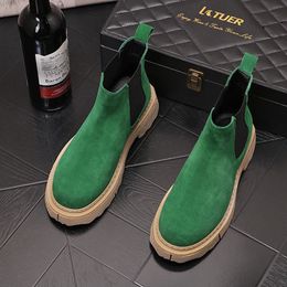 Boots italian brand designer mens fashion chelsea boots cow suede leather shoes stage nightclub dress platform ankle boot short botas 231129