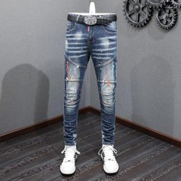 Men's Jeans Street Fashion Men Retro Blue Elastic Spliced Vintage Designer Slim Ripped Painted Hip Hop Denim Pants Hombre