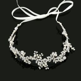 SLBRIDAL Handmade Ribbon Alloy Wired Rhinestones Crystals Pearls Flower Leaf Wedding Headband Bridal Hair Vine Hair Accessories W0302R