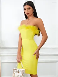 Casual Dresses BEAUKEY Sexy Quality Yellow Women Feathers Bandage Dress Summer 2023 Luxury Vintage Strapless Backless Bodycon Evening