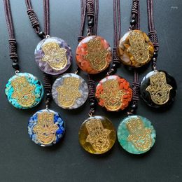 Pendant Necklaces Hand Of Fatima Necklace Resin Chakra Crystal Chips Combination Round Orgonite Energy Long Chain 1pc