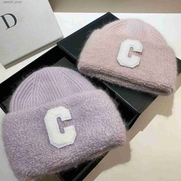 Beanie/Skull Caps Fashion Letter C Women's Winter Warm Beanie Real Rabbit Fur Knitted Hat Lady Outdoor Walking Bonnet Warmer Skullies Beanies Q231130