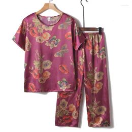 Women's Sleepwear XL-4XL Thin Silk Satin Pyjamas Women Print Middle Age Ladie's Short Sleeve Set 3/4 Pant 2 Piece Loungewear Home Suit