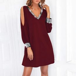 Basic Casual Dresses Women Dress Contrast Colour Shimmering Sequin Mesh Stylish Vneck Off Shoulder Mini for with Patchwork 231129