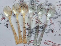 Disposable Dinnerware Gold Silver Powder Transparent Spoon for Dessert Plastic Long Handle Ice Cream Soup RRE10559 ZZ