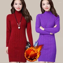 Women's Sweaters Fdfklak High Collar Women Pullover Mid-Long Sweater Dress Knitted Warm Plus Velvet Long Sleeve Winter Bottoming Shirt