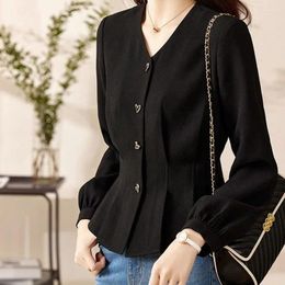 Women's Blouses 2023 Clothing Solid Colour V-Neck Long Sleeve Office Lady Commuter Spring Autumn Casual Elegant Button Shirt