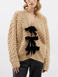 Women's Knits Black Bow Chunky Knitted Cardigan Jackets V Neck Long Sleeve Fename's Commuete Office Sweater Outfits Winter Christmas Party