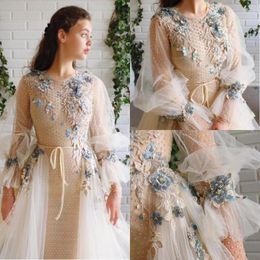 Party Dresses Beautiful Prom Ivory Handmade Flowers Beaded Overskirt Detachable Train Jewel Neck Long Sleeves A-line Formal Gown