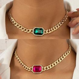 Pendant Necklaces 2 Pcs Set Chunky Cuban Chain Necklace Sparkling Green Crystal Stone Bright Fuchsia Color s Square Sexy Choker 231130