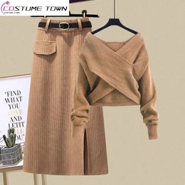 Two Piece Dress Large Women s Spring Set 2023 Age Reducing Cross Knit Sweater Slim Half Skirt 231130