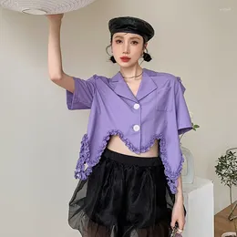 Women's Blouses Korean Short Irregular Purple Lace Hollow Out Shirt Women 2023 Summer Turndown Collar Single Breasted Sleeve Ladies Tops