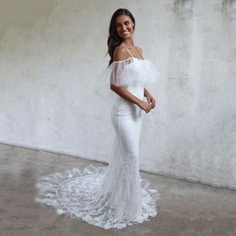 Vintage Tulle Wedding Gown For Bride Backless Lace Mermaid Wedding Dress Trendy Classic Applique Spaghetti