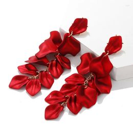 Stud Earrings Fashion Exaggeration Rose Petal Leaf Long Pendant Korean Red Tassel Female Leisure Party Jewelry