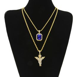 Iced Out Ruby Necklace Set Brand Micro Ruby Angel Jesus Wing Pendant Hip Hop Necklace Male Jewelry Whole239U