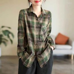 Women's Blouses Plaid Shirts For Women Polo-neck Oversized Cotton Cardigan Long Sleeve Casual Korean Fashion Single Breasted Blouse Tops