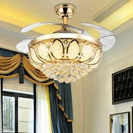 42" Invisible LED Ceiling Fan Lamp Crystal Chandelier Pendant And Remote Modern Luxury Gold Lights