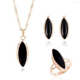 Necklace Earrings Set 2023 Design Gold Colour Black Austria Crystal Jewellery For Women Water Drop Pendant Ring