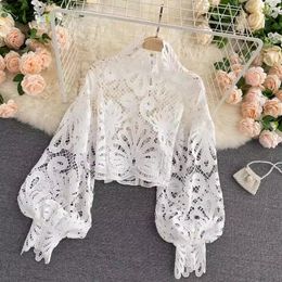 Blouses Shirts Elegant hollow long sleeved lace shirt for women's fashion stand crochet cotton white shirt for women's sexy crop top blue new 16296 231130