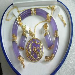 Purple Jade Gold Plated Fortune Dragon Phenix Bracelet Pendant Necklace Earrings283p