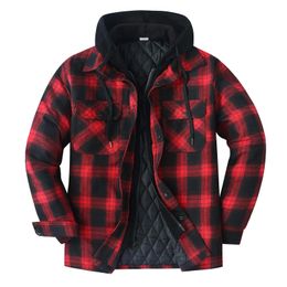 Men's Jackets Mens Winter Jacket High Quality Thick Cotton Plaid Long Sleeved Loose Hooded Coats Mens Lined Flannel Shirt Jackets Men Clothing 231129