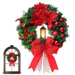Decorative Flowers Christmas Wreath With Lights 15.74inch Red Ball Warm White Lantern Ribbon Bowknot Decor Festival Garland