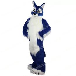 2024 Performance Long hair blue Wolf Mascot Costumes Cartoon Carnival Hallowen Performance Unisex Fancy Games Outfit Holiday Outdoor Advertising Outfit Suit