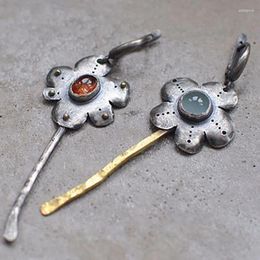 Dangle Earrings Ancient Old Metal Flower For Women Vintage Ethnic Orange Blue Stone Blooming Floral Asymmetrical