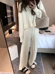 Womens Two Piece Pants hoodie womens sweater track suit winter thick knit cardigan zipper wide leg pants set 231129