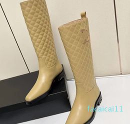 designer Luxury Square toe thigh-high boots sexy womens Leather Electric embroidered diamond Cheque boot ladys fashion High-heeled comfort